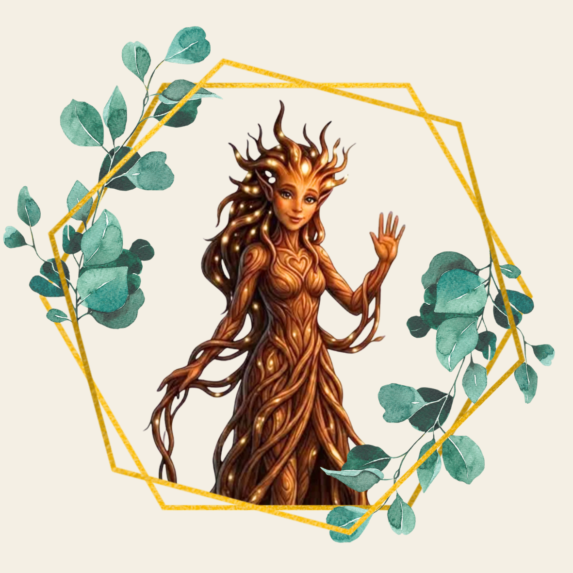 Koli, die Baumfigur und Erzählerin von Kopflichtung, in einem goldenen Rahmen aus Eukalyptuszweigen